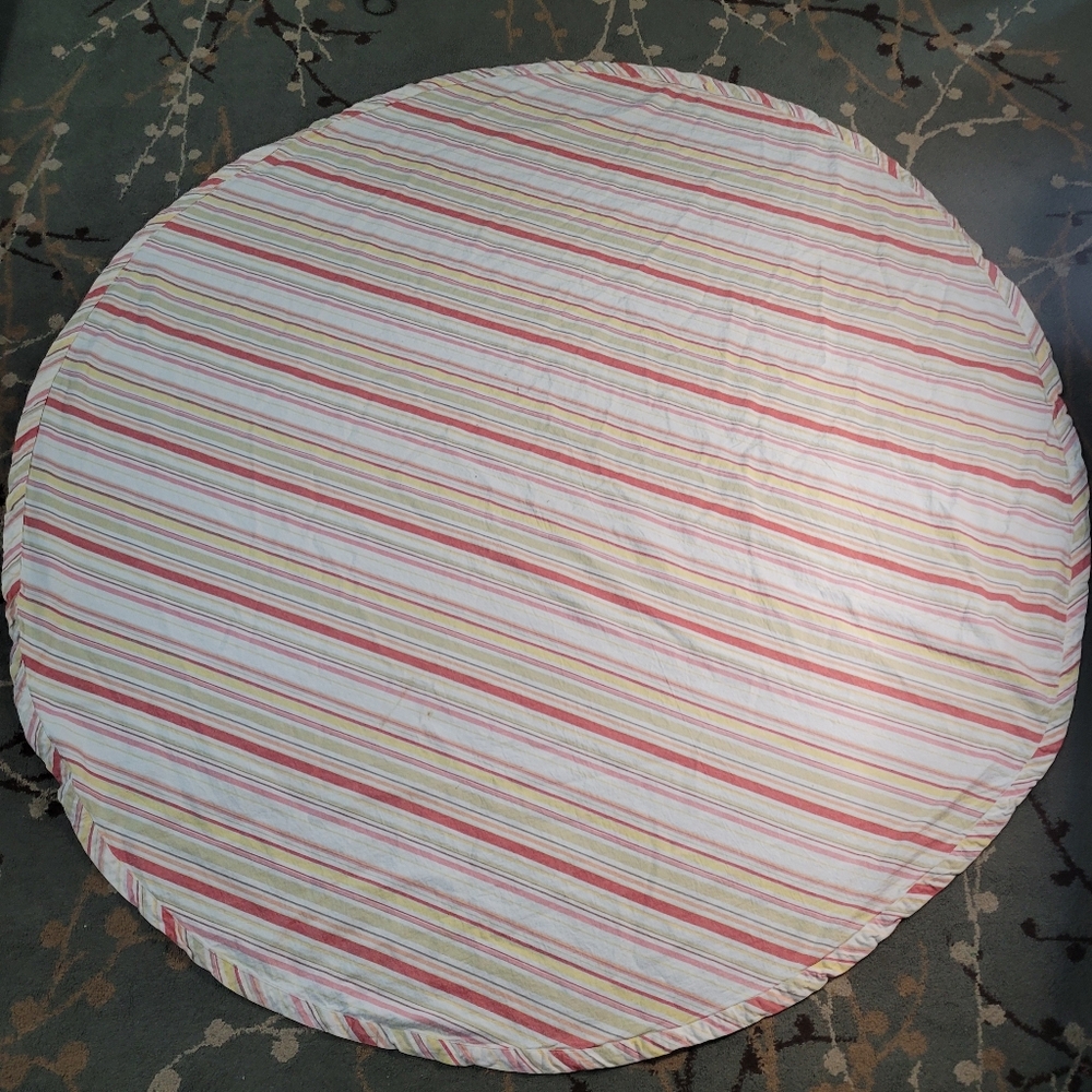 Vintage 60s 70s Yellow Pink Peach White Red Green Striped 64" Round Tablecloth